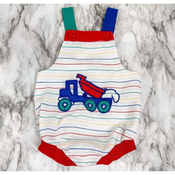 Vintage HealthTex Baby Boy Clothes Overalls Dump Truck 3M Romper Primary Striped - Picture 1 of 9